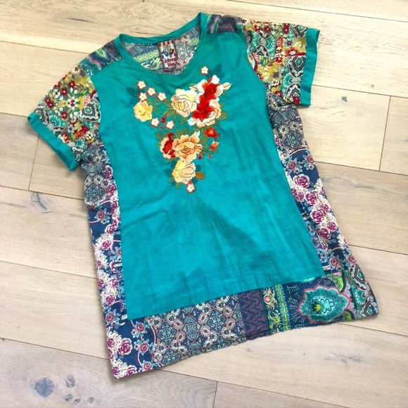 Johnny Was Tops - Johnny Was Cotton Embroidered Tunic Tourquoise and Multi